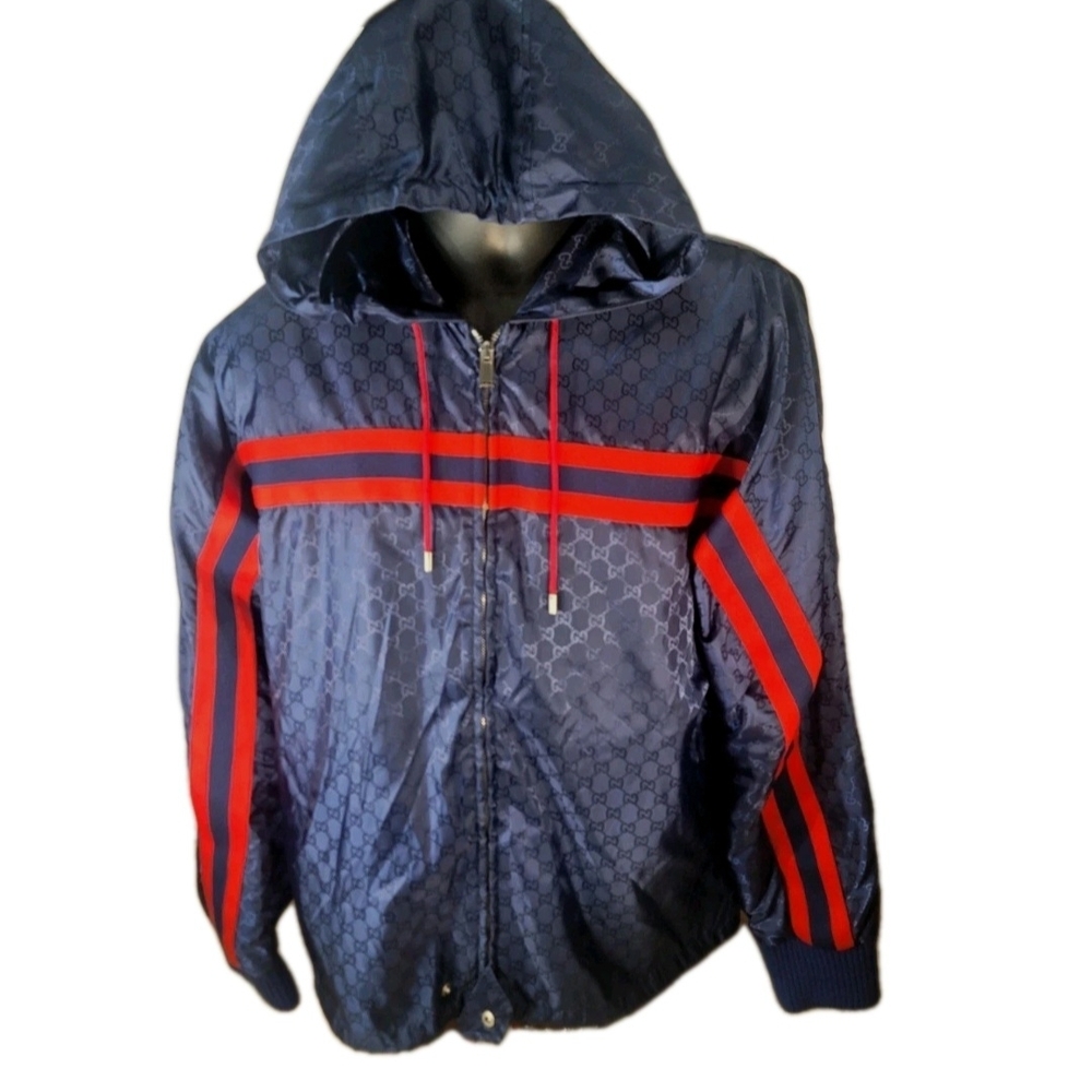 RARE Gucci GG Monogram Jacquard Nyln Windbreaker Jacket Navy/Red US Sz XL/ EU 54